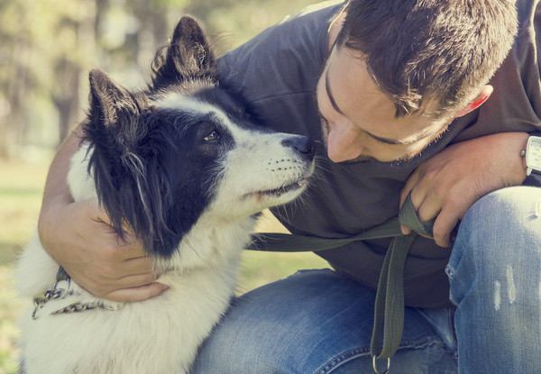 犬を抱き寄せて話しかける男性