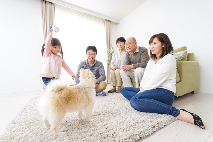 リビングにいる家族と犬