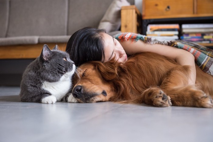 女性と犬と猫