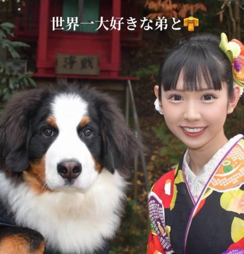 カメラを見つめる子犬と女性