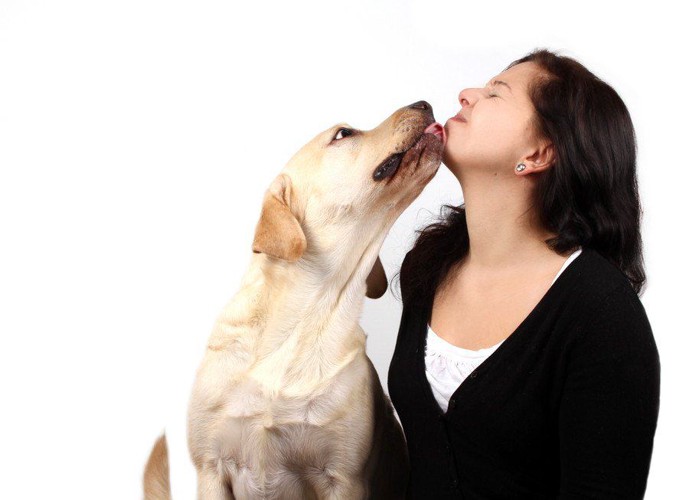 女性の口を舐める犬