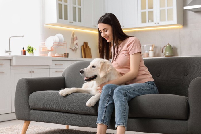 女性に寄りかかる犬