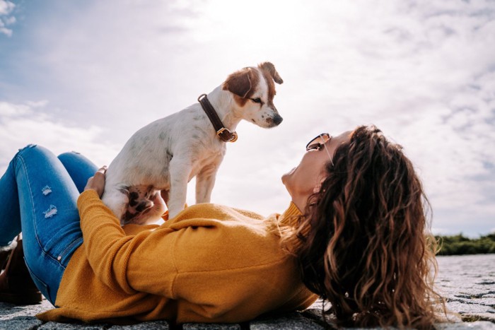 女性の上に乗っかる犬