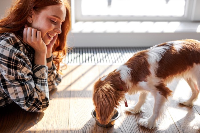 食事中の犬を見守る女性