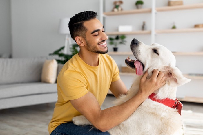 大型犬と遊ぶ男性