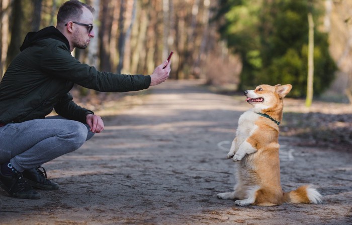 真顔の男性に撮影される犬