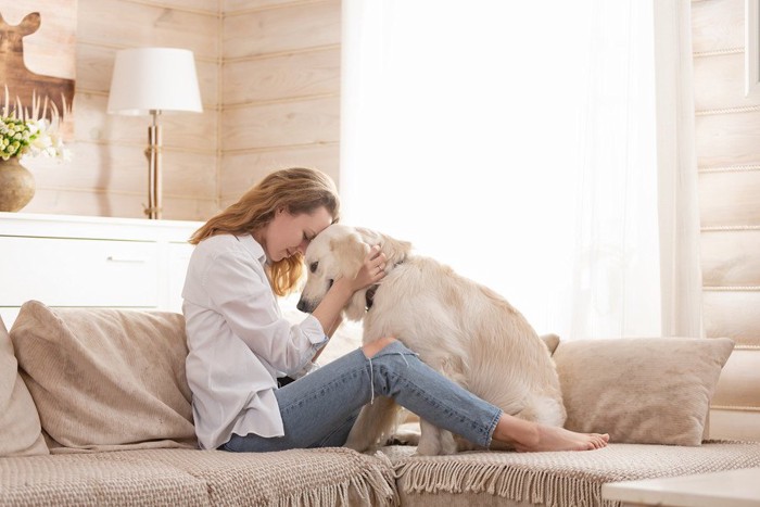 おでこをあわせる犬と女性