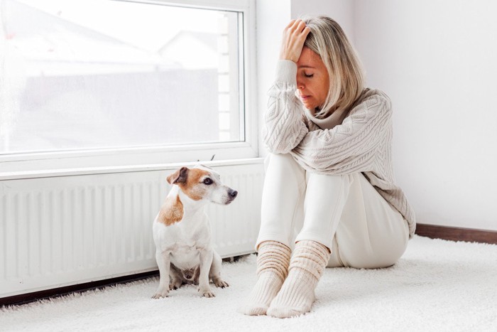 ストレスが溜まっていそうな女性と犬