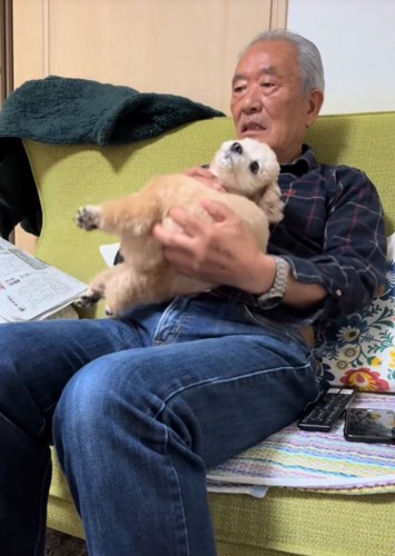 犬を抱きかかえ直す