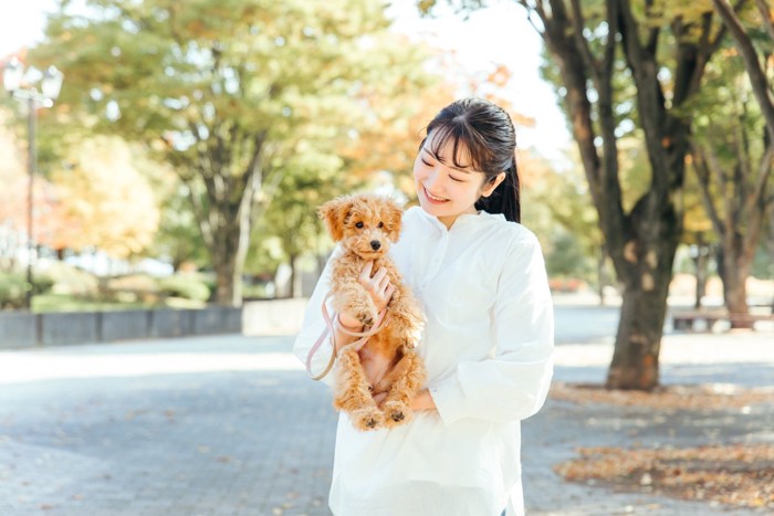 外で犬を抱っこする女性