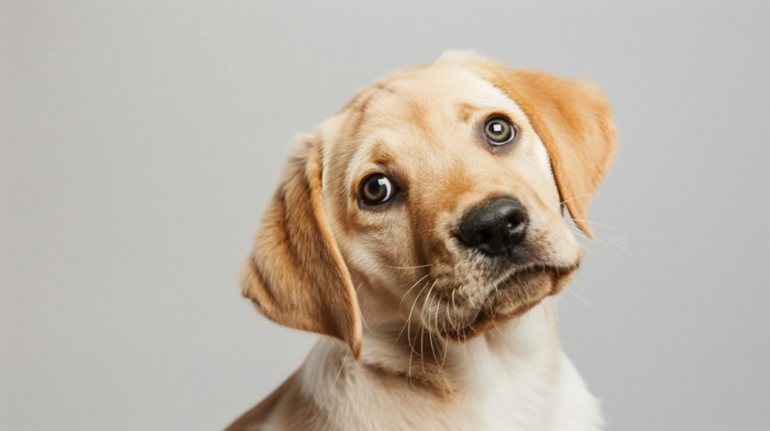 首を傾げながら正面を見つめる犬のアップ