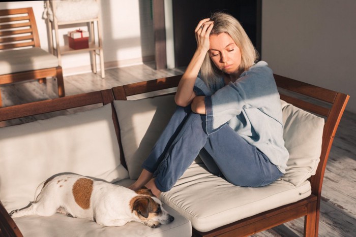犬とストレスを感じる女性