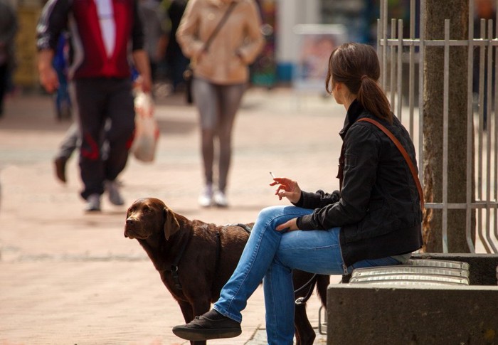 犬とたばこを吸う女性