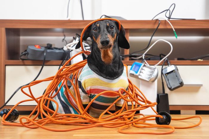 電気コードで遊ぶ犬