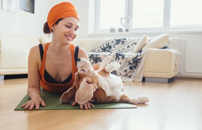 ヨガをする女性と犬