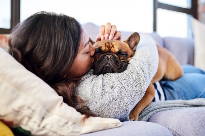 女性に抱きしめられる犬