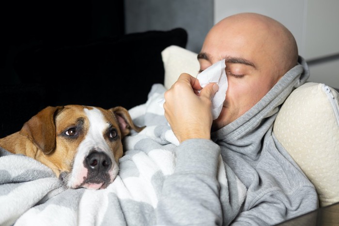 鼻をかむ男性と犬