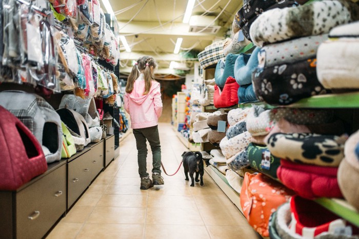 ペットショップの店内を歩く女の子と犬