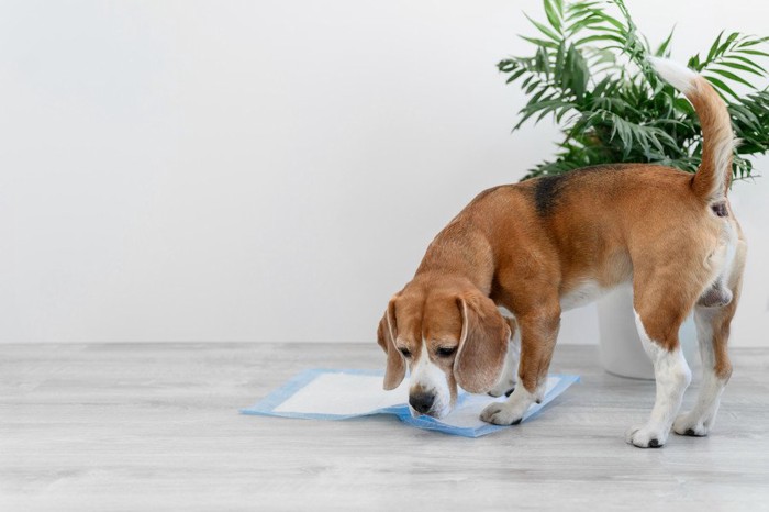 トイレシーツを嗅ぐ犬