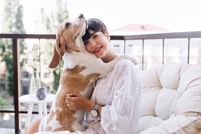 自分の膝の上に犬を乗せる女性