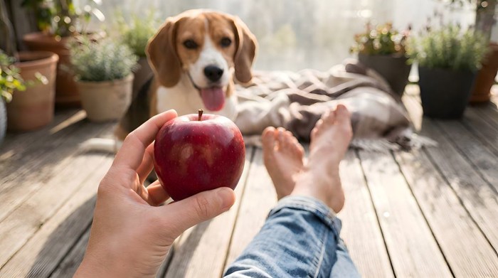 りんごを見つめる犬