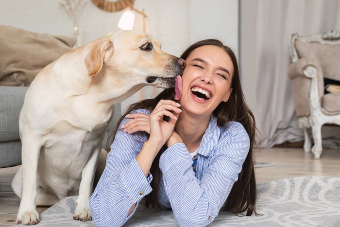 女性の顔を舐める犬