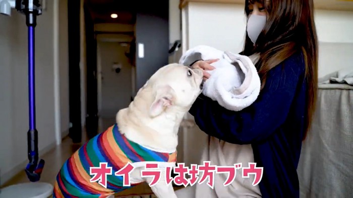 赤ちゃんを抱いた女性と犬