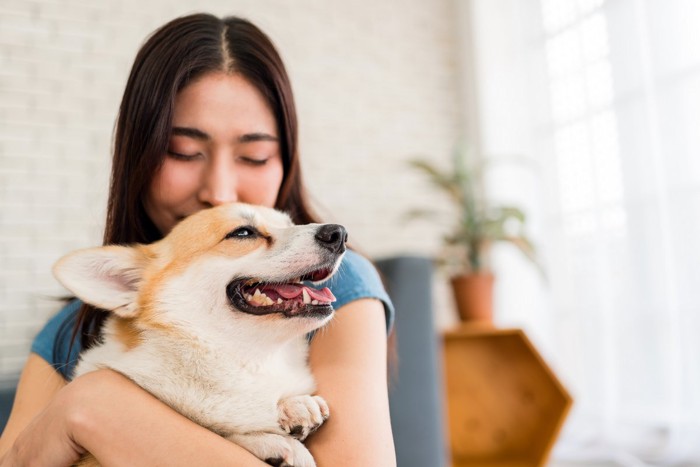 飼い主とリラックスしている犬