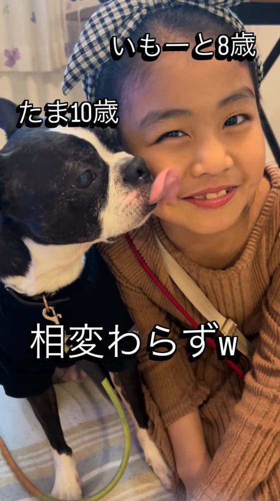 女の子の頬を舐める犬