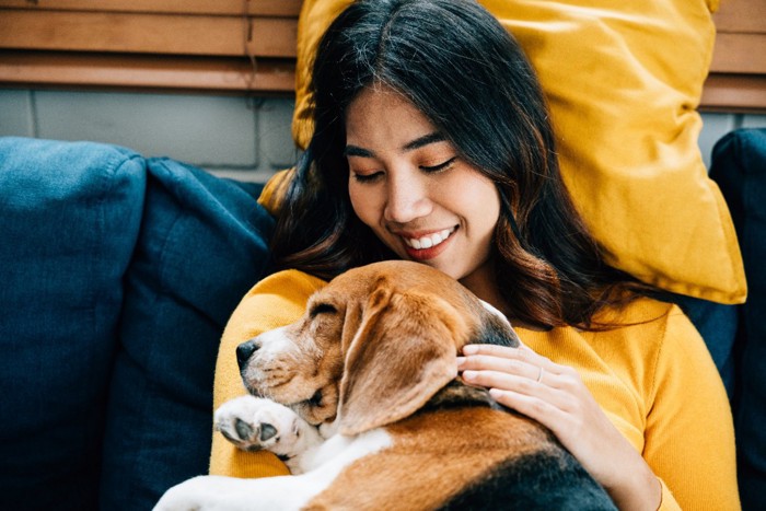 女性に撫でてもらう犬