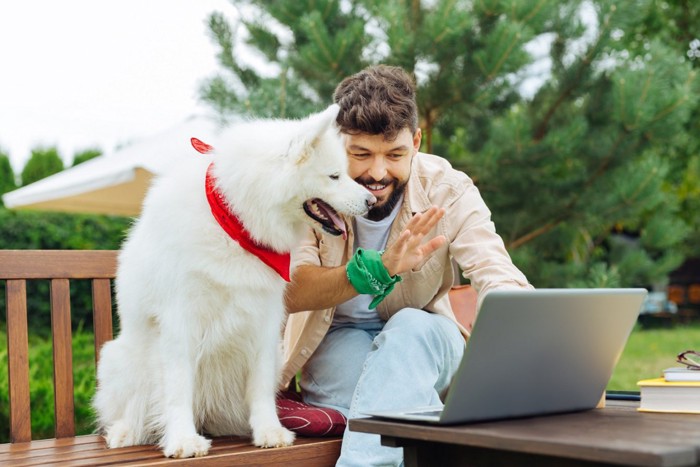 男性と白い犬 