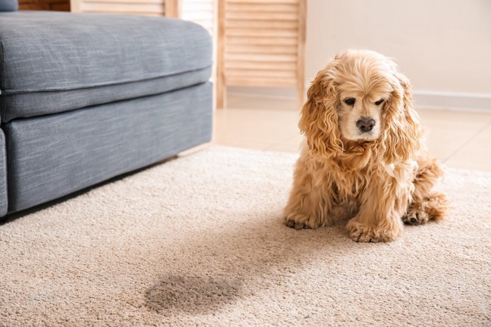 カーペットにおしっこをしてしょんぼりしている犬