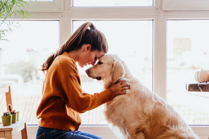 おでこをくっつけ合う女性と犬