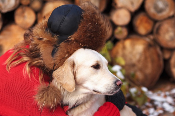 ハグされて嫌そうな犬