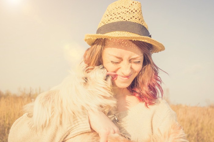 女性の顔を舐める犬