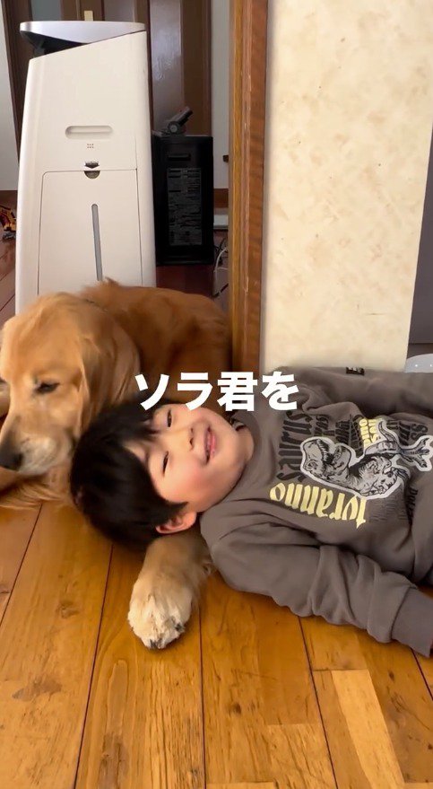 男の頭の下から自分の頭を引き抜く犬