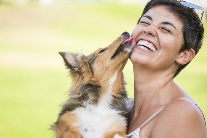 犬に顔を舐められて笑っている女性