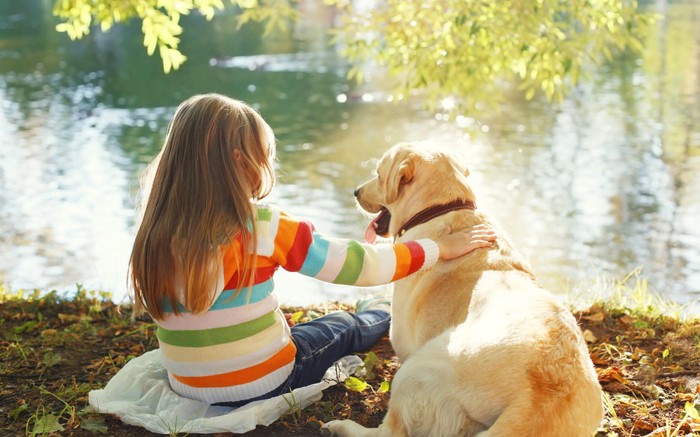 水辺に居る女の子と犬