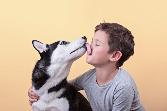 少年を舐める犬