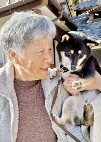 外で犬を抱く人