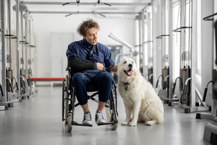 車椅子の男性と介助犬