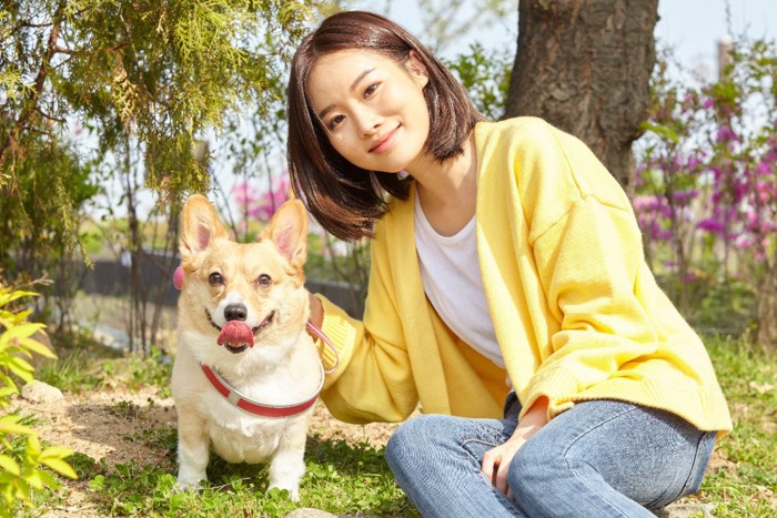 コーギーと若い女性