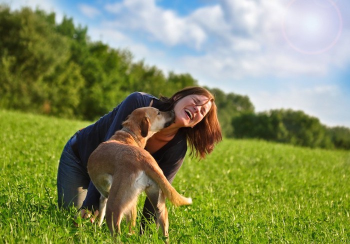 顔を近づける犬と笑顔の女性