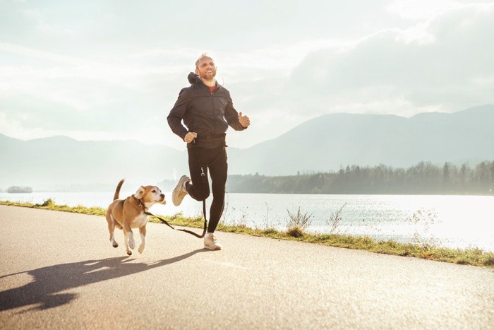 犬とランニングする男性