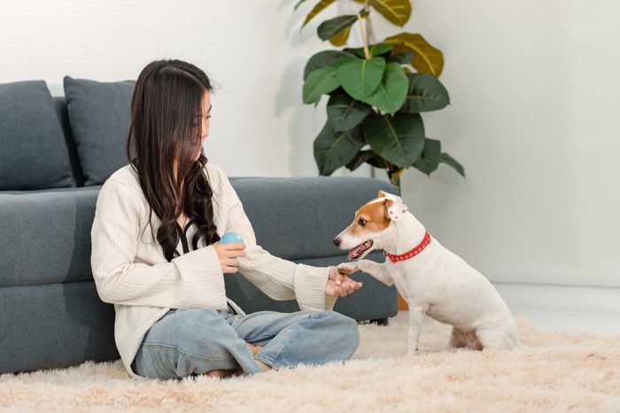 女性とオテをする犬
