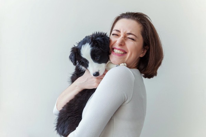 犬を抱っこする女性