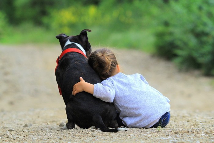 黒と白の犬に寄り掛かる子供