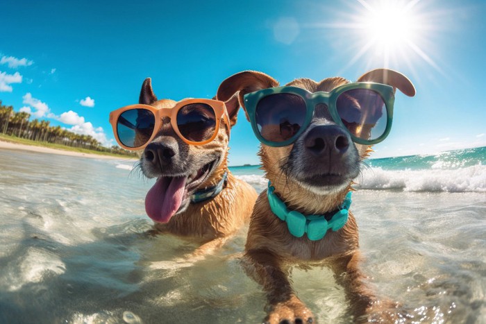 夏に水辺で泳ぐ犬たち