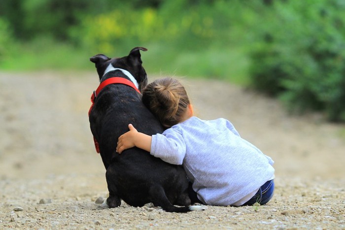 犬によりかかる子供の後ろ姿