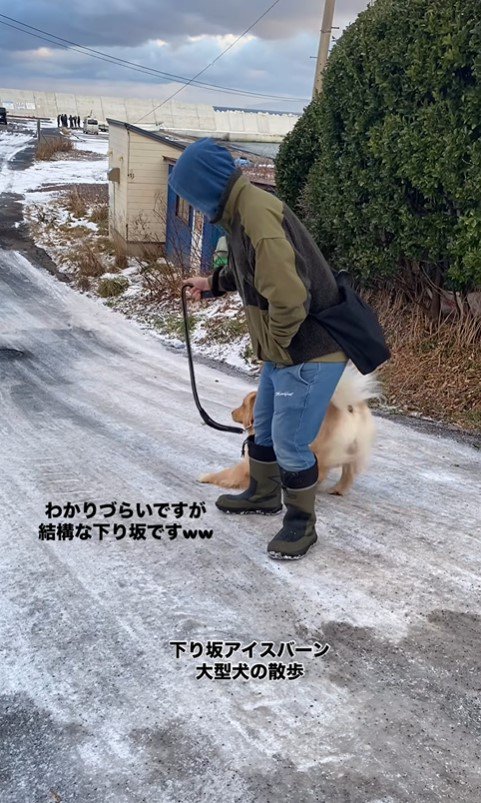 凍った坂を下るじろ君と飼い主さん2